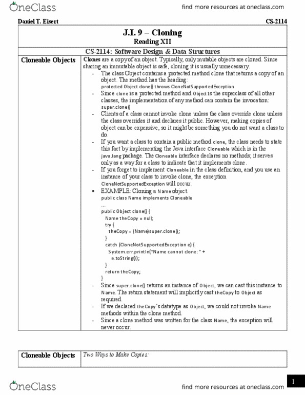 CS 2114 Chapter Notes - Chapter Cloning (Java Interlude): Object Copying, Cloning, Immutable Object thumbnail